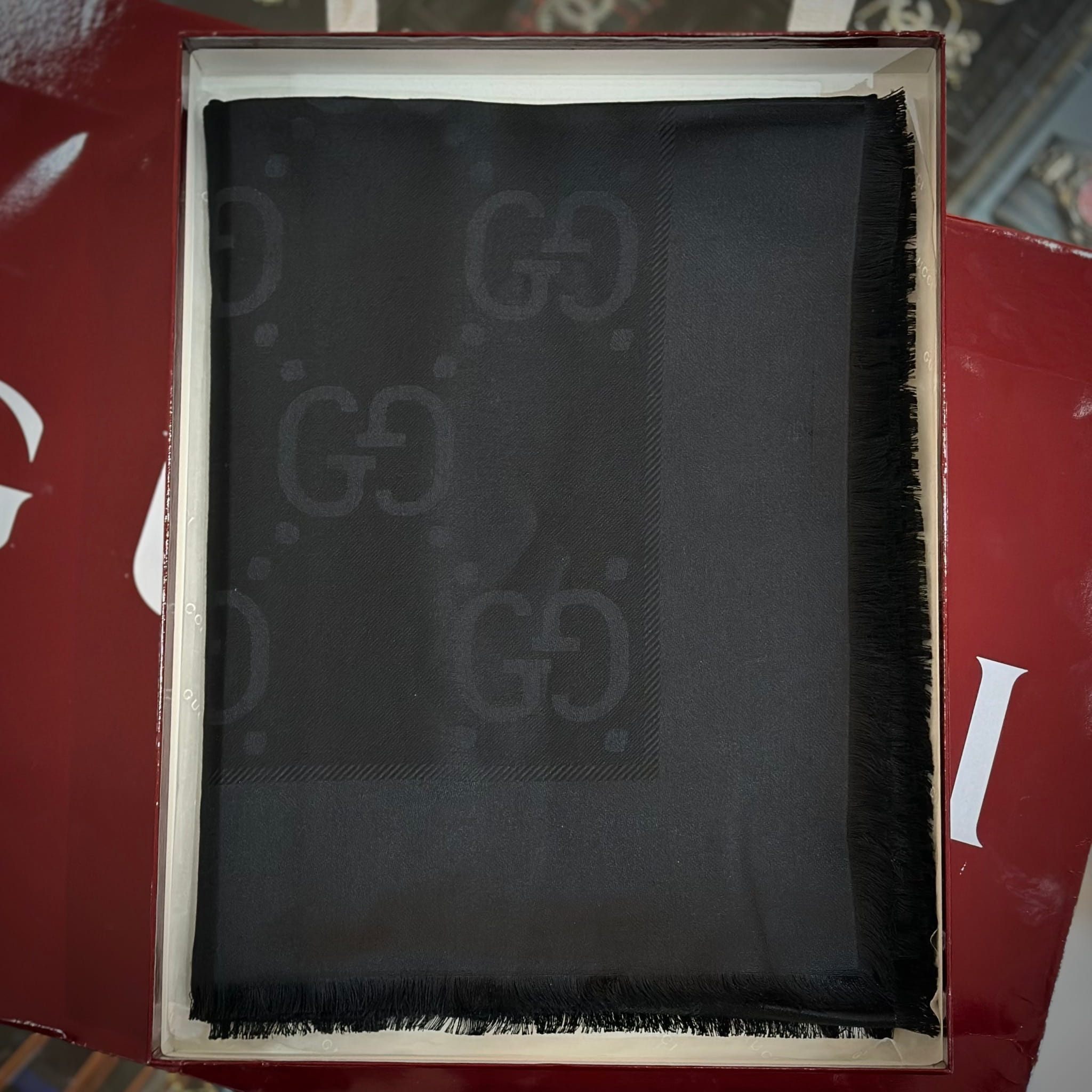 GUCCI GG Jacquard Silk Wool Shawl Scarf Black (1)