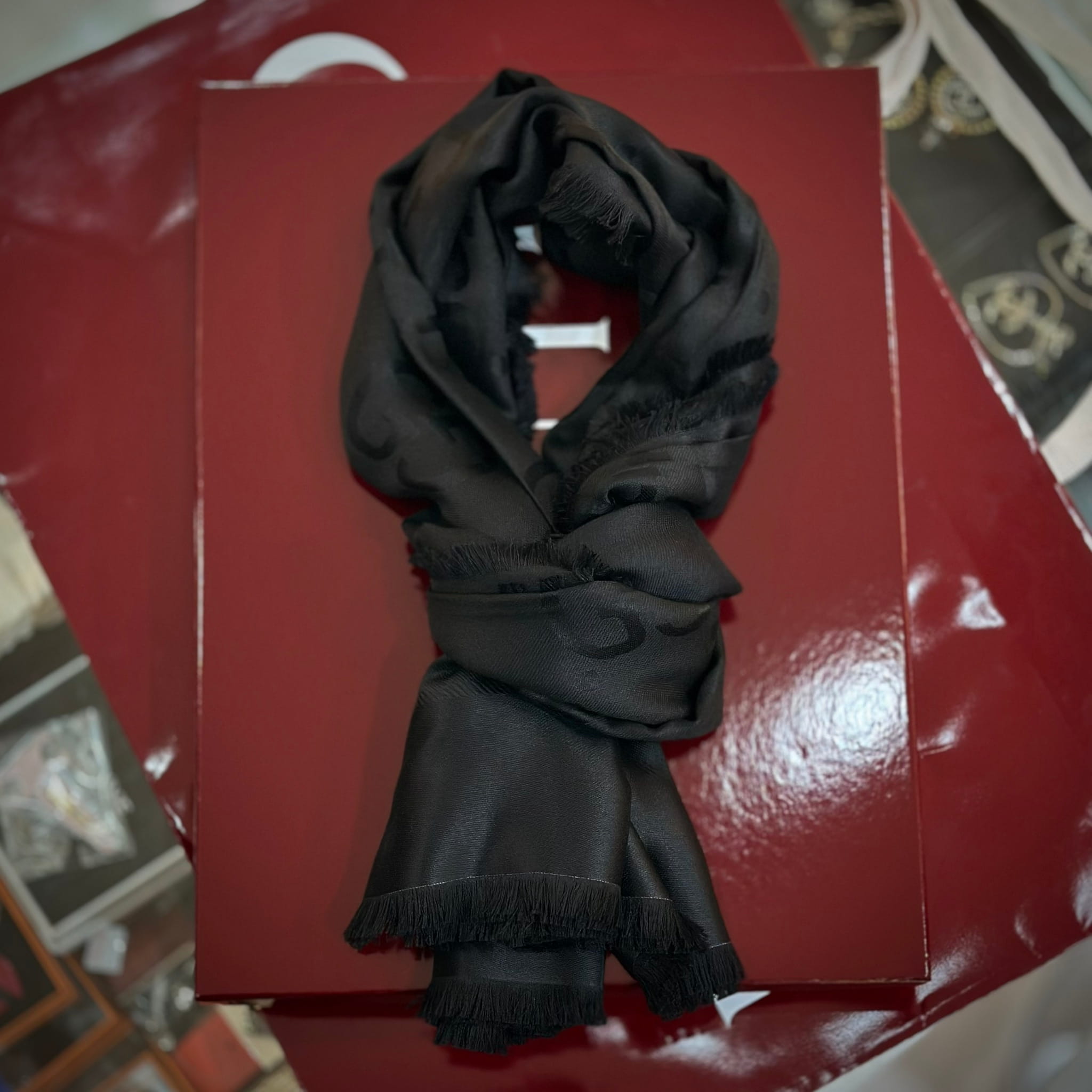 GUCCI GG Jacquard Silk Wool Shawl Scarf Black (2)