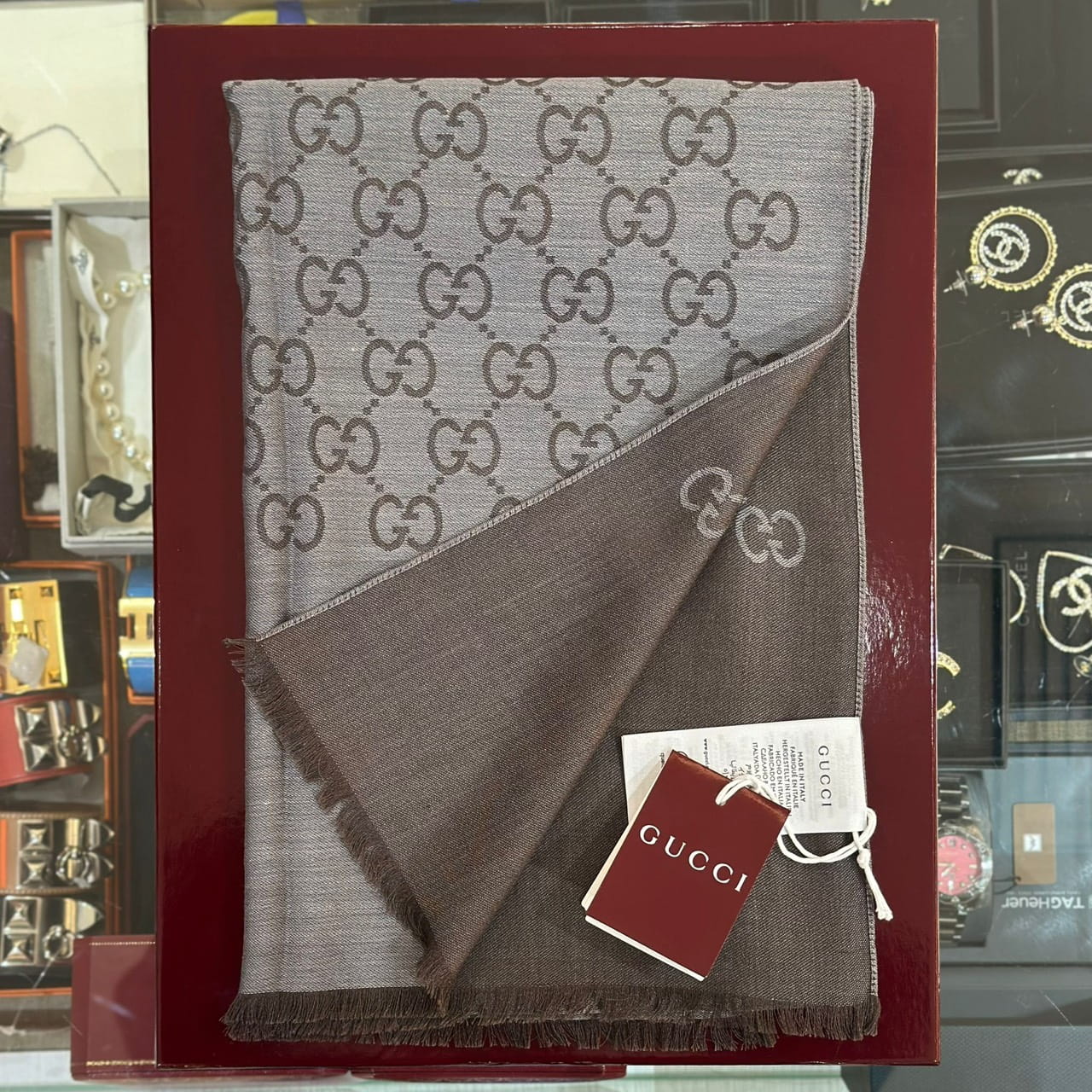 GUCCI GG Wool Silk Scarf Dark Grey (1)
