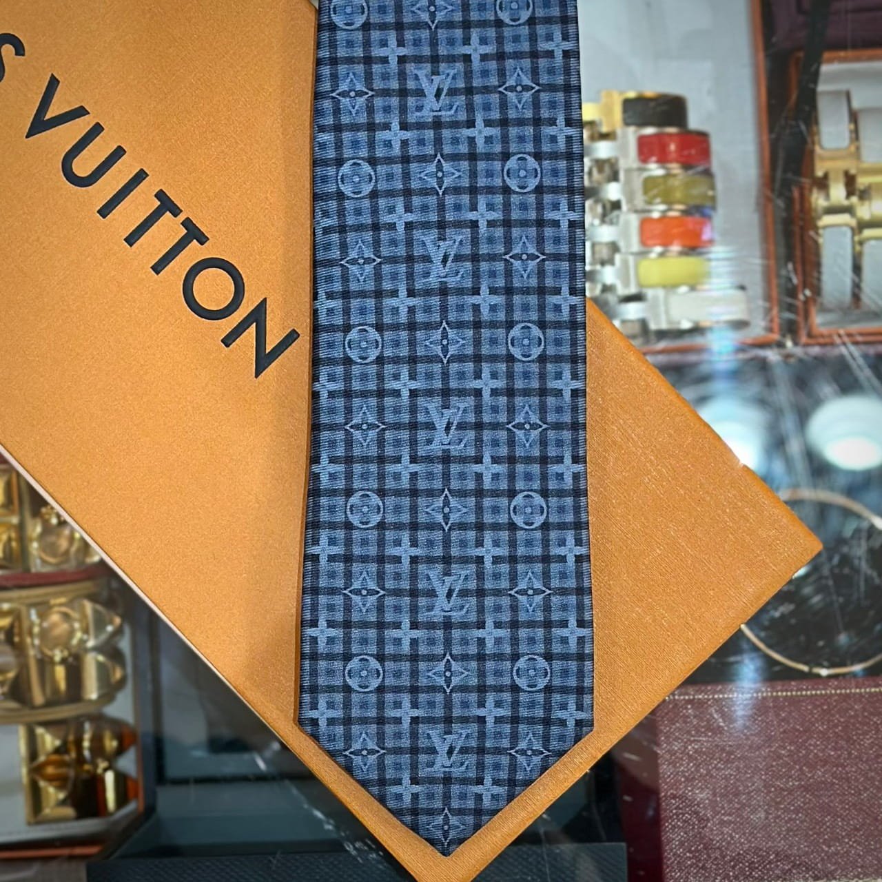 LOUIS VUITTON Monogram Windowpane Tie Blue (1)