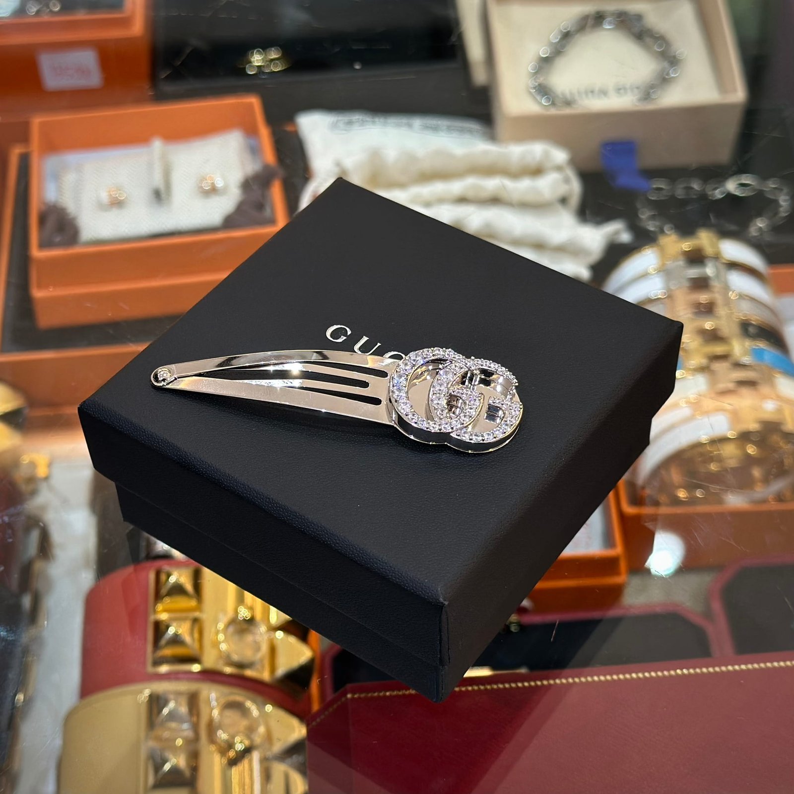 GUCCI Crystal Double G Hair Clip Silver (1)